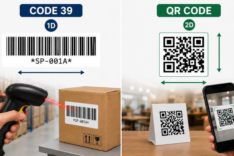 Code 39 và QR Code cho thấy sự khác biệt giữa mã vạch 1D và 2D trong cách lưu trữ dữ liệu và thiết bị quét