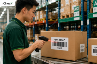 Nhân viên kho quét mã vạch Code 39 trên thùng hàng trong hệ thống quản lý kho và logistics.