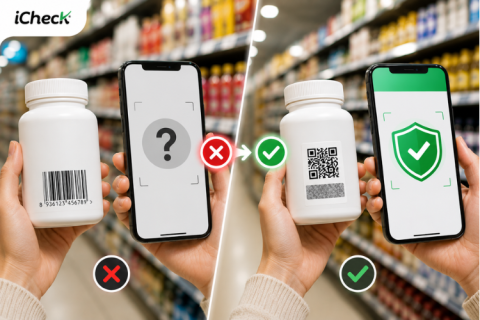 So sánh quét mã vạch thông thường và quét tem QR chống giả bằng iCheck Scan để xác thực sản phẩm.