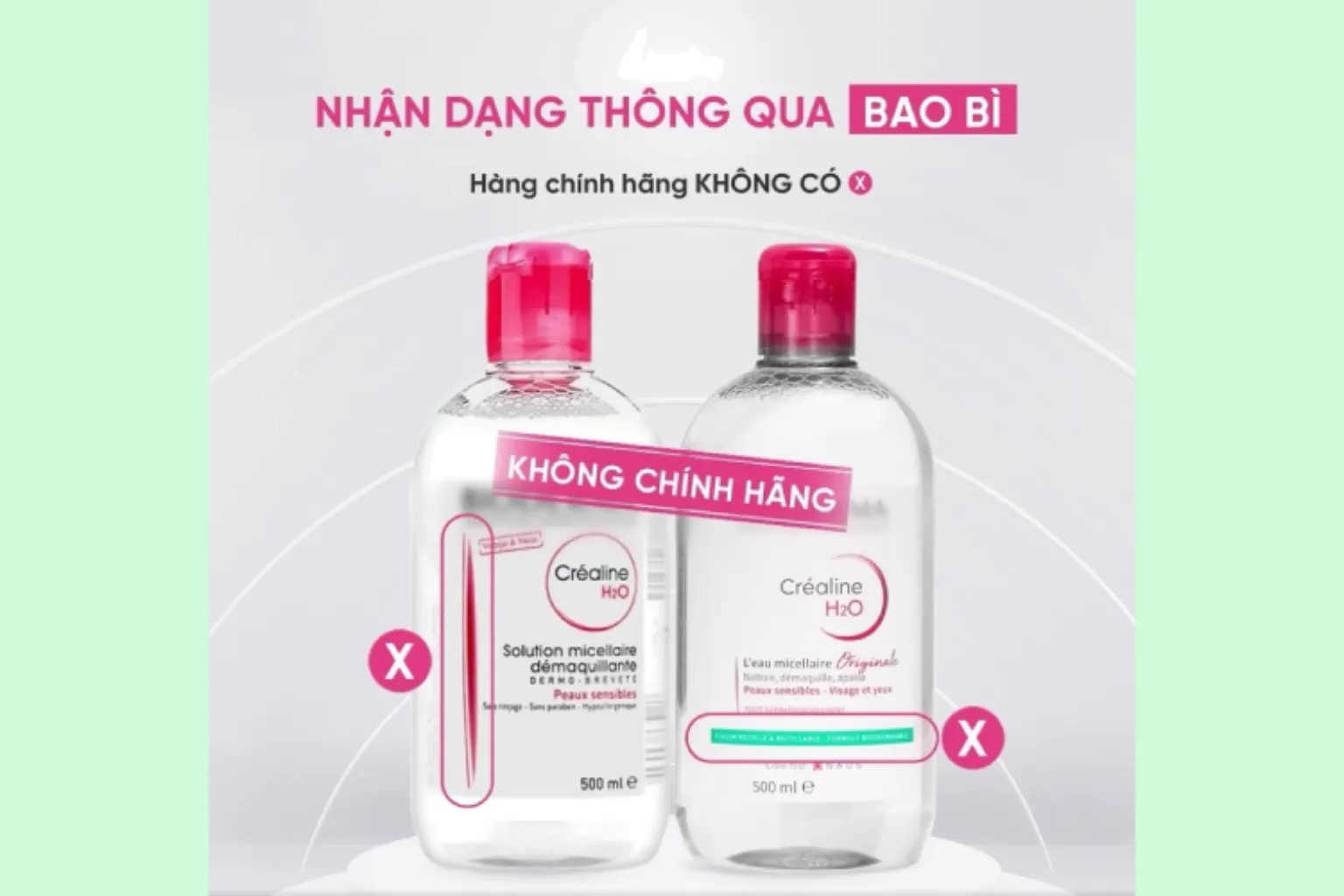 Nếu Bioderma có vạch hồng thẳng đứng hoặc dòng chữ xanh như hình thì bạn cần kiểm tra lại sản phẩm.