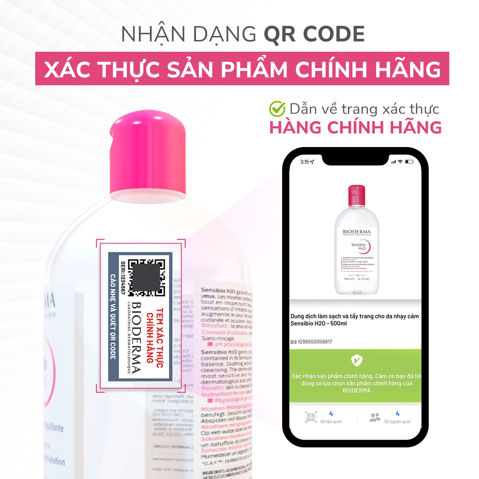 Hình ảnh tem qr code xác thực chính hãng và màn hình giao diện xác thực sản phẩm (Nguồn: Bioderma)