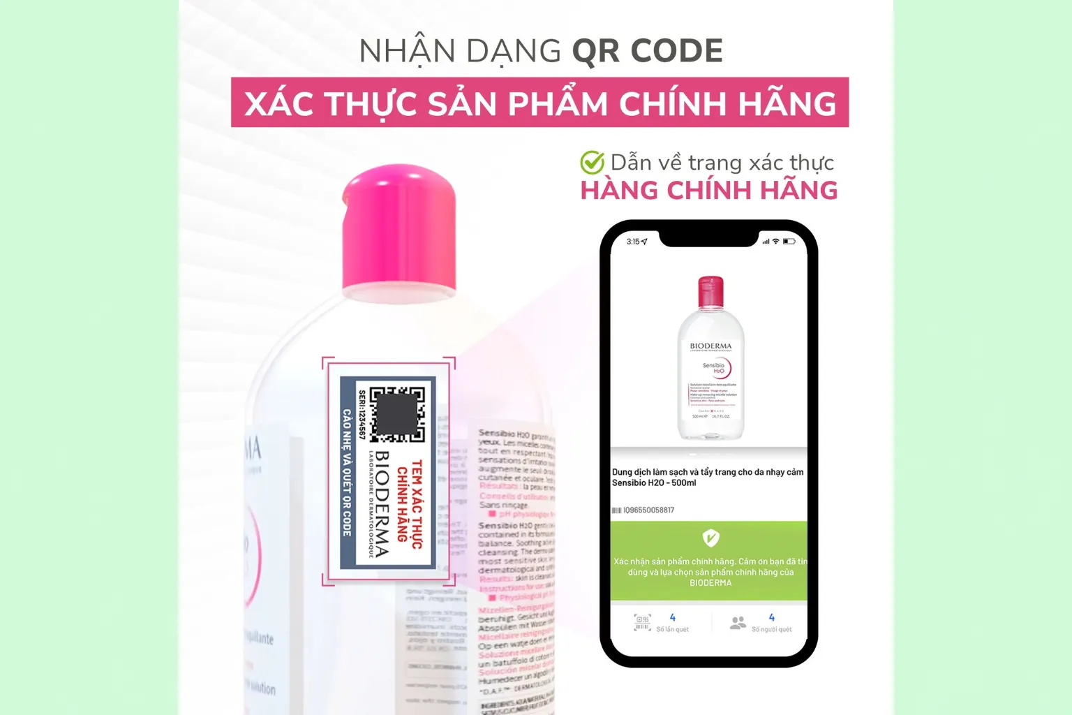 Hình ảnh tem QR Code xác thực chính hãng và màn hình giao diện xác thực sản phẩm (Nguồn: Bioderma)
