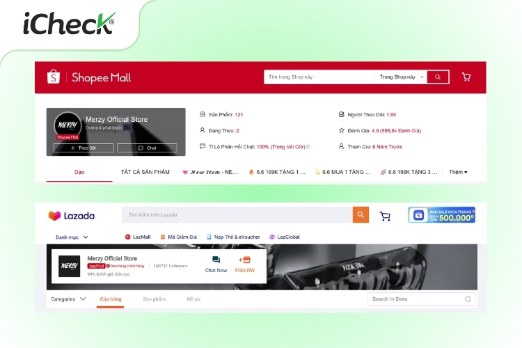 Giao diện Shopee Mall và LazMall của son Merzy