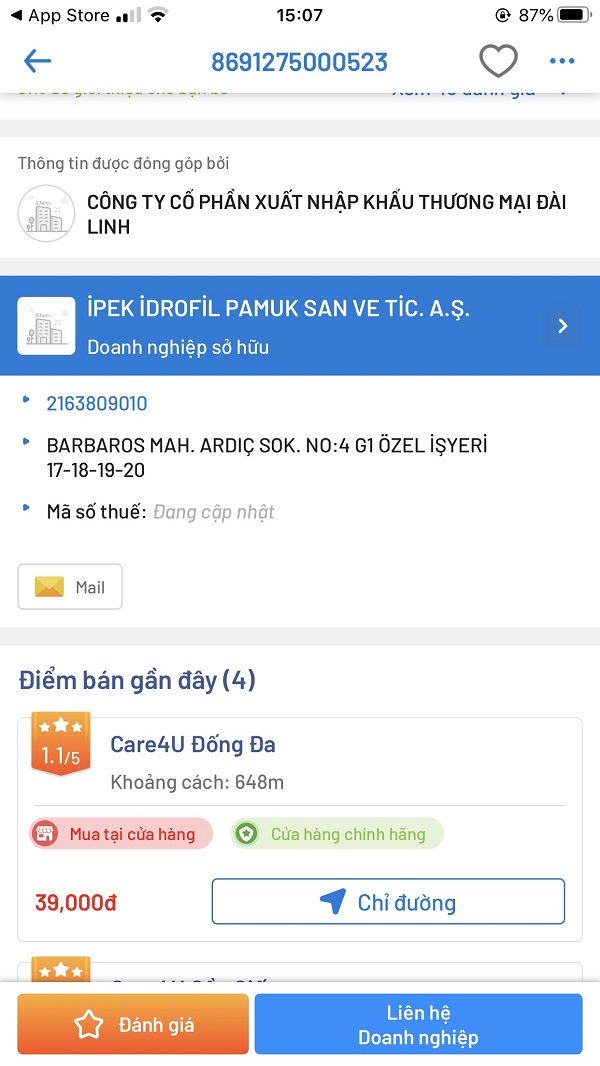 Thông tin điểm bán bông tẩy trang Ipek hiển thị trên app iCheck Scanner | icheckcorporation.vn