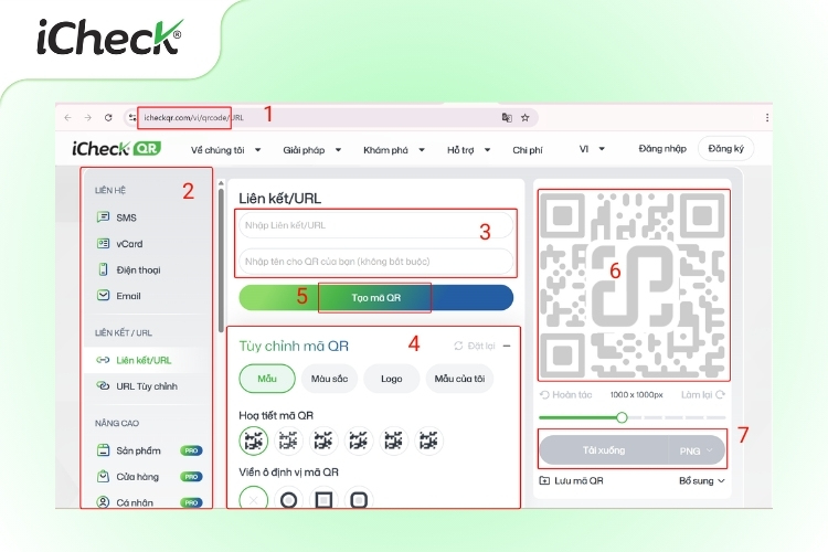 Hình ảnh minh họa các bước tạo mã QR Code trên web iCheckQR