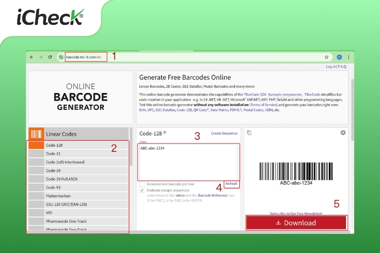 Hình ảnh minh họa các bước tạo mã vạch online trên Barcode Generator