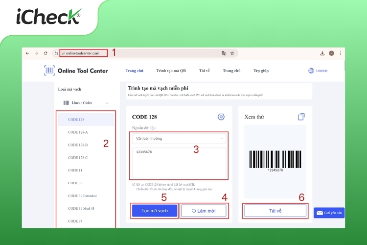 Hình ảnh minh họa các bước tạo mã vạch cho sản phẩm trên website Online Tool Center