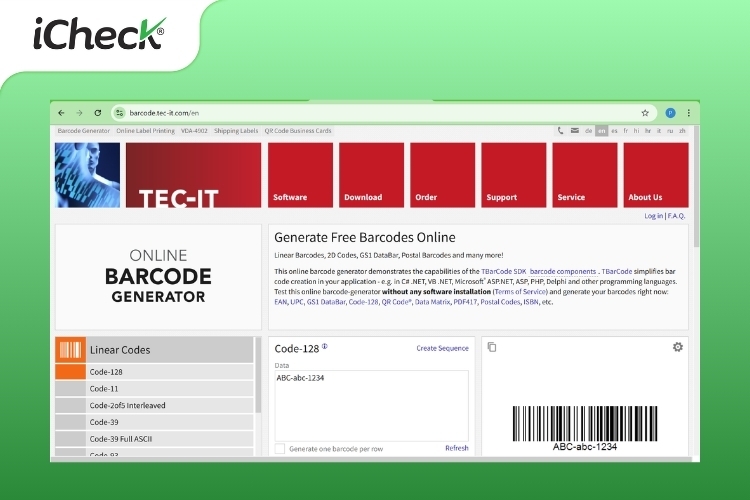 Giao diện trang web tạo mã vạch Barcode Generator