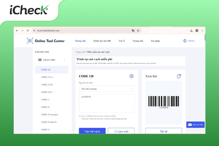 Giao diện trang web tạo mã vạch Online Tool Center