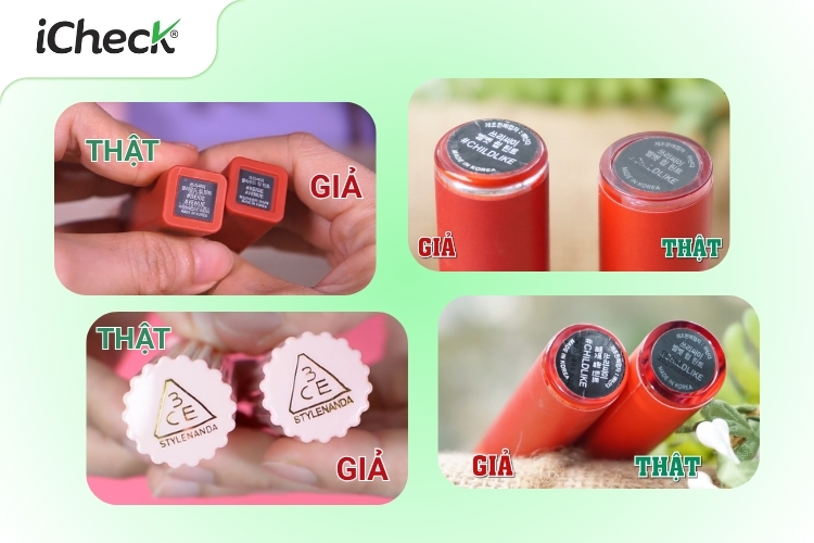 Phân biệt son 3CE thật giả bằng cách kiểm tra tem hoặc logo dưới đáy thỏi son