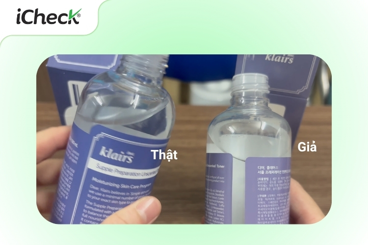 Toner Klairs thật có kết cấu đặc, sánh hơn còn loại giả thì lỏng như nước lọc