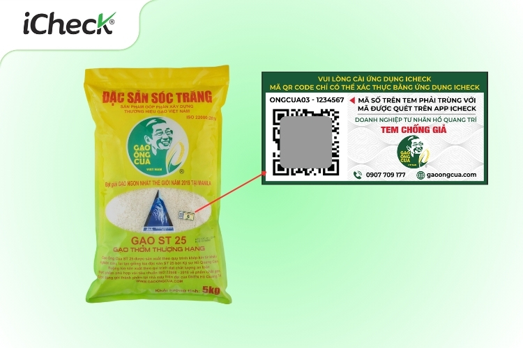 Tìm tem chống hàng giả của iCheck trên bao bì gạo ST25