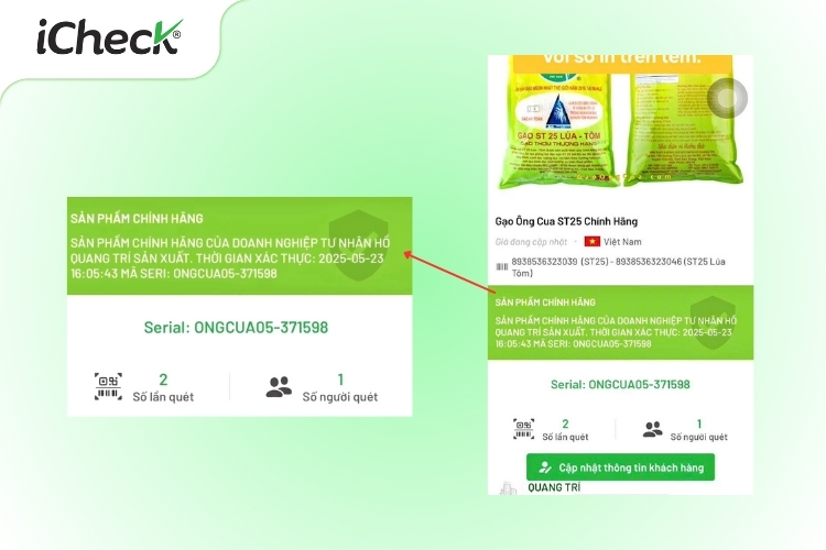 Giao diện app iCheck hiển thị sau khi quét tem chống giả gạo ST25 chính hãng