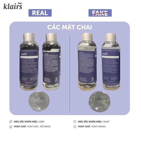 phân biệt toner klairs thật giả