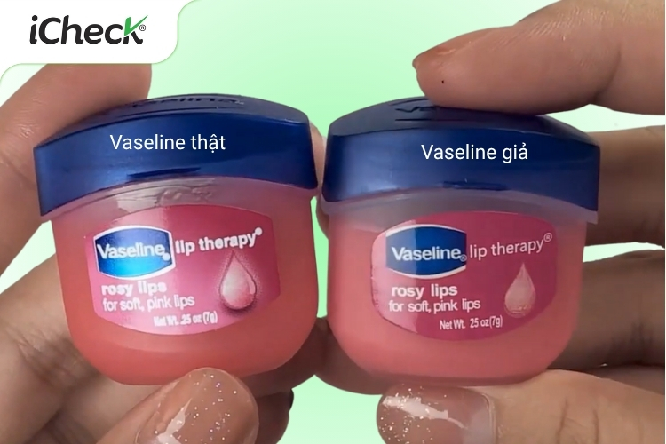 Ảnh minh họa son dưỡng Vaseline thật giả qua vỏ hộp