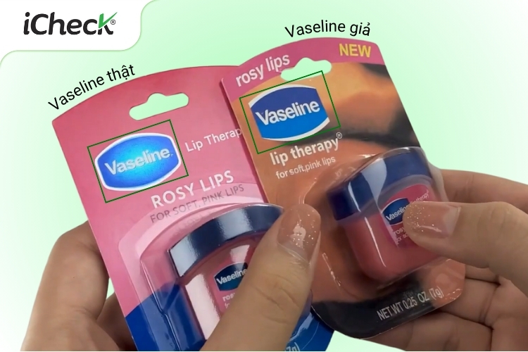 Bao bì bên ngoài của hũ son Vaseline thật và giả (mặt trước)