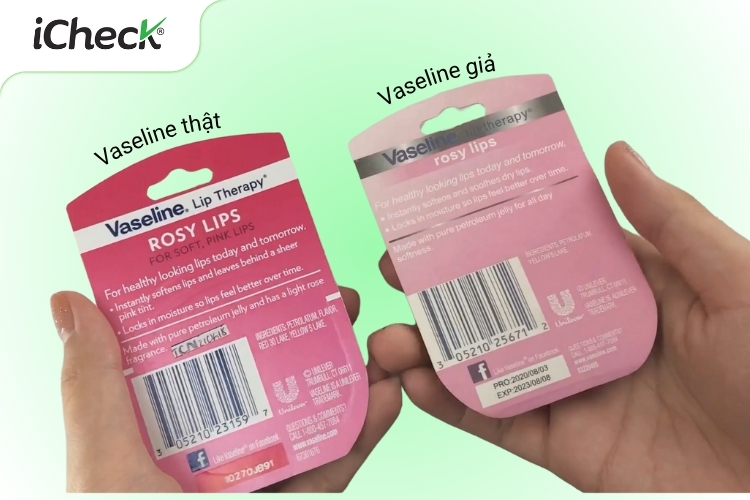 Bao bì bên ngoài của hũ son Vaseline thật và giả (mặt sau)