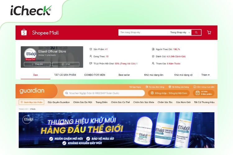 Mua lăn khử mùi Etiaxil chính hãng qua Shopee Mall hoặc Guardian