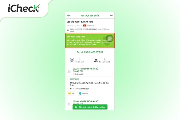 Nội dung hiển thị trong app iCheck Scan khi quét tem gạo ST25 chính hãng
