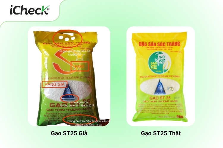 Hình ảnh bao bì gạo ST25 thật và giả