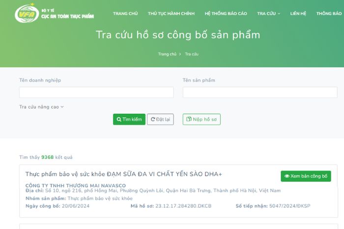 tra cuu ho so cong bo thuc pham