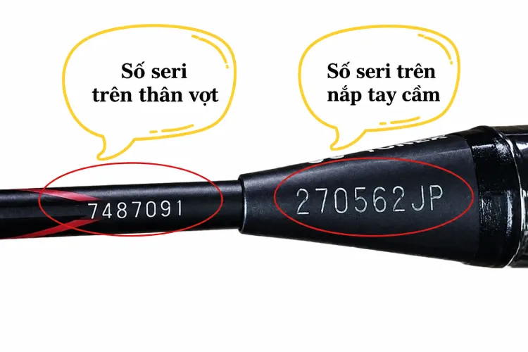 Kiểm tra số seri trên thân và tay cầm để xác thực vợt Yonex chính hãng