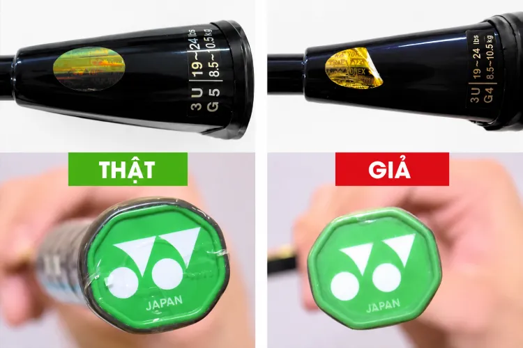 Phân biệt vợt Yonex thật - giả qua tem và logo đuôi cán.