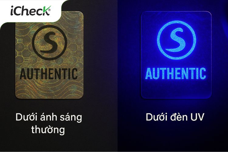 Hình ảnh minh họa khi soi tem chống giả - Không có và Có lớp bảo mật UV