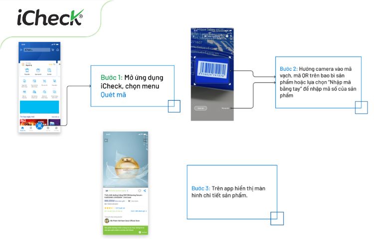 Ảnh chụp màn hình minh họa quy trình quét mã app iCheck Scan