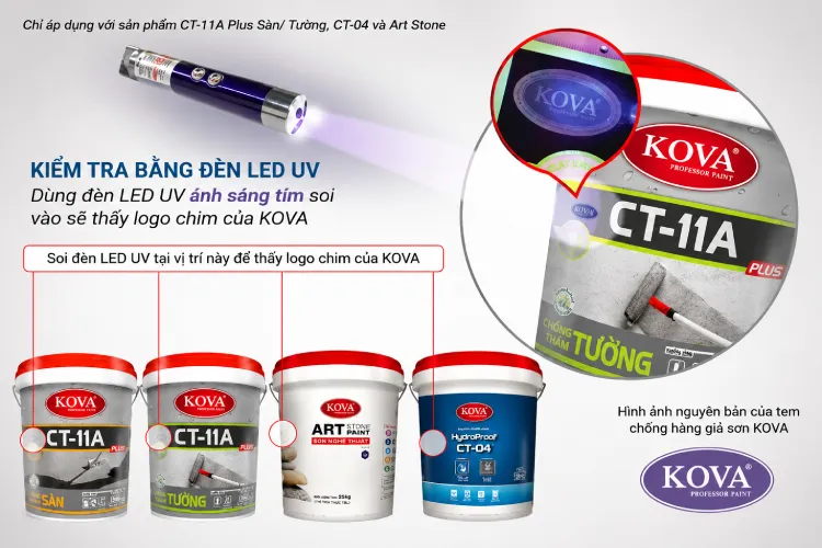 Kiểm tra tem chống hàng giả Kova bằng đèn UV, logo ẩn hiện rõ dưới ánh sáng tím