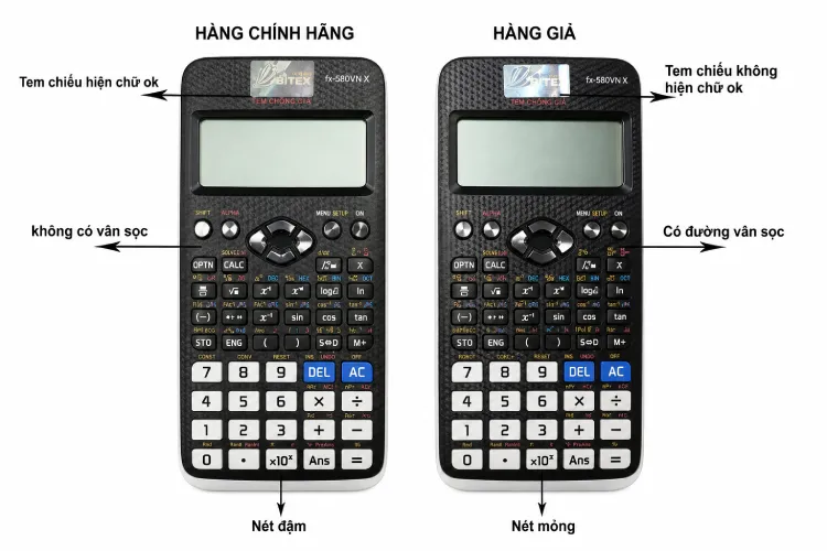 Phân biệt máy tính Casio thật - giả qua tem chống giả, độ sắc nét và thiết kế nút bấm