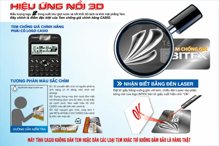 Tem chống giả máy tính Casio đổi màu và hiện chữ "OK" khi soi đèn laser