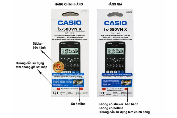 Nhận biết máy tính Casio thật - giả qua kiểm tra tem chống giả và bao bì sản phẩm