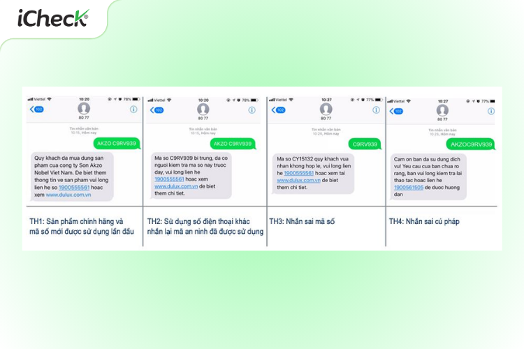 Các trường hợp khi gửi tin nhắn xác thực sơn Dulux