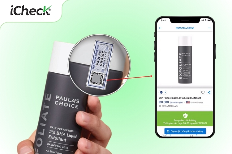 Ảnh minh họa quét tem chống giả Paula's Choice trên app iCheck Scan