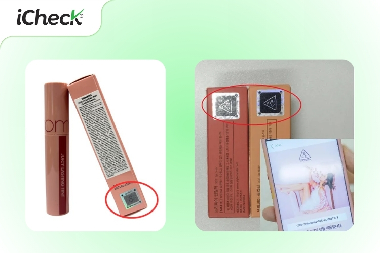 hình ảnh minh họa tem Hidden tag trên hộp son Romand và son 3CE