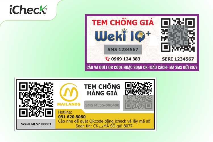Một số hình ảnh tem chống hàng giả chứa mã QR kết hợp SMS