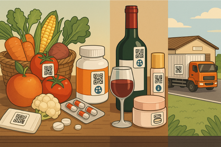Minh họa ứng dụng của tem điện tử Blockchain trong các ngành hàng như thực phẩm, dược phẩm, mỹ phẩm, rượu...