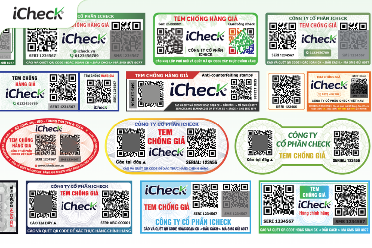 Mẫu tem chống giả đa công nghệ (QR code, SMS phủ cào, decal vỡ,...)
