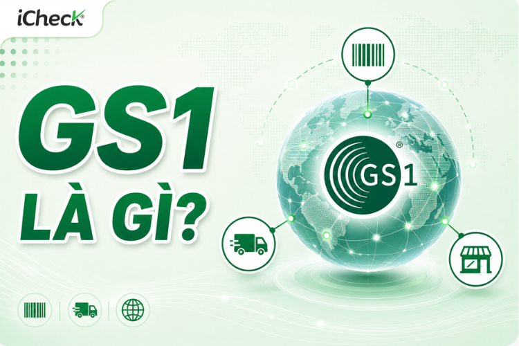 GS1 là gì? Minh họa tổ chức GS1 kết nối hệ thống mã số mã vạch, bán lẻ và logistics trên phạm vi toàn cầu.