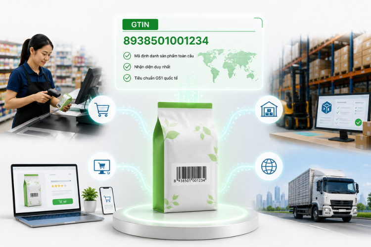Minh họa GTIN như mã định danh toàn cầu của sản phẩm, kết nối dữ liệu sản phẩm với hệ thống bán lẻ, kho vận và thương mại điện tử.
