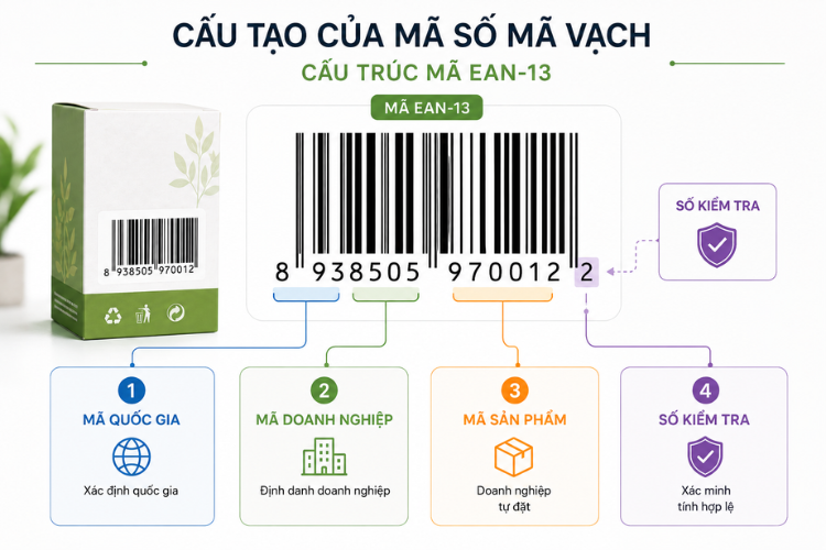 Cấu tạo mã số mã vạch EAN-13 gồm mã quốc gia, mã doanh nghiệp, mã sản phẩm và số kiểm tra theo tiêu chuẩn GS1.