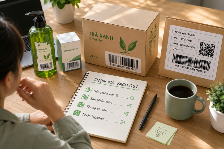 Minh họa quá trình lựa chọn loại mã vạch GS1 phù hợp cho sản phẩm bán lẻ, bao bì nhỏ, thùng carton và nhãn logistics.