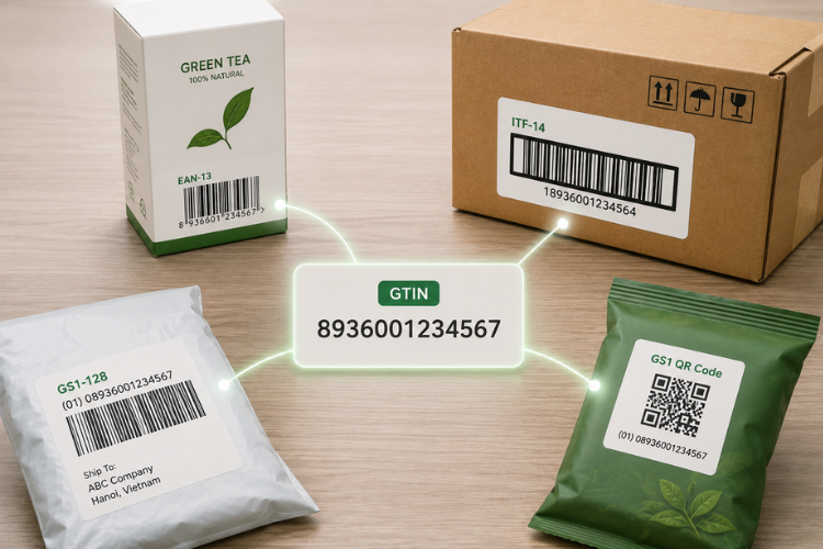 Minh họa mối liên hệ giữa GTIN và các định dạng mã vạch GS1 như EAN-13, ITF-14, GS1-128 và GS1 QR Code trên các ngữ cảnh sử dụng khác nhau.