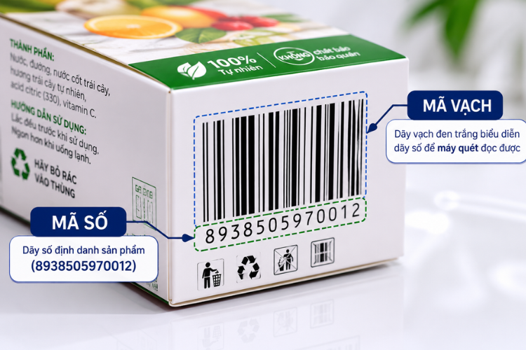Cận cảnh bao bì sản phẩm hiển thị mã vạch EAN-13 và dãy số định danh bên dưới, kèm chú thích phân biệt rõ mã số và mã vạch.