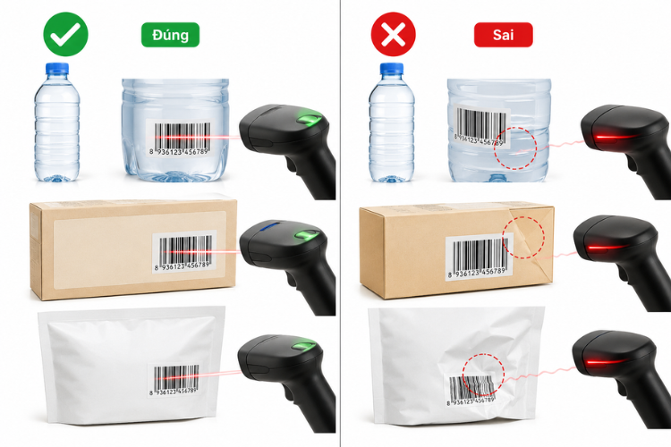 Minh họa vị trí đặt mã vạch đúng và sai trên chai, hộp và túi bao bì sản phẩm