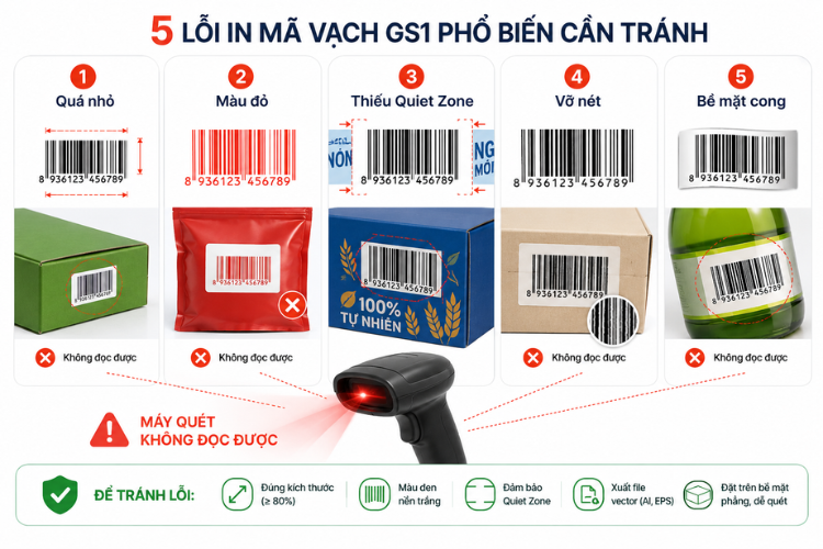 Infographic minh họa 5 lỗi phổ biến khi in mã vạch GS1 khiến máy quét không thể nhận diện chính xác