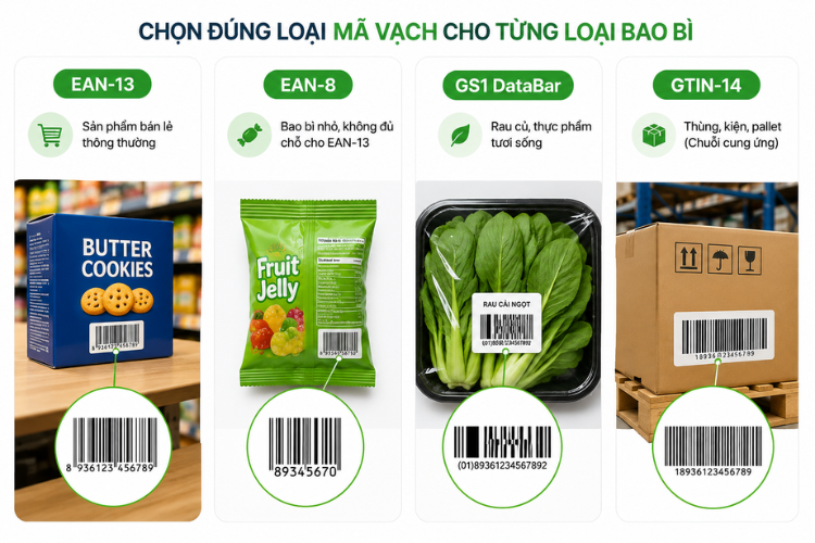 So sánh các loại mã vạch GS1 gồm EAN-13, EAN-8, GS1 DataBar và GTIN-14 trên từng loại bao bì sản phẩm