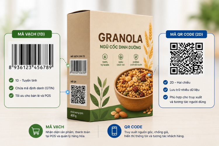 So sánh mã vạch 1D và mã QR Code 2D về khả năng lưu trữ dữ liệu, truy xuất nguồn gốc và ứng dụng trên sản phẩm.