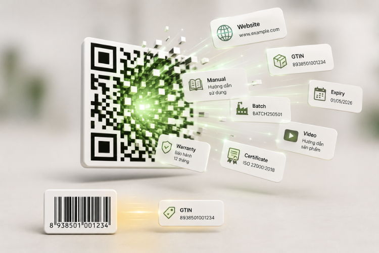 So sánh khả năng lưu trữ dữ liệu của mã vạch và QR Code: QR Code có thể chứa GTIN, website, số lô, hạn sử dụng, bảo hành và nhiều thông tin khác.